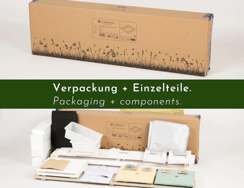 WONDERMAKE® Design Sandkasten mit Matschküche, Abdeckung OXFORD 420D, Vliesfolie, Sandkiste Holz quadratisch verschließbar Outdoor Garten für Kinder, weiß bunt