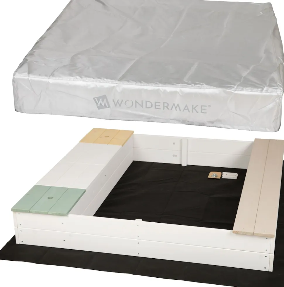 WONDERMAKE® Design Sandkasten mit Matschküche, Abdeckung OXFORD 420D, Vliesfolie, Sandkiste Holz quadratisch verschließbar Outdoor Garten für Kinder, weiß bunt