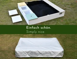 WONDERMAKE® Design Sandkasten mit Matschküche, Abdeckung OXFORD 420D, Vliesfolie, Sandkiste Holz quadratisch verschließbar Outdoor Garten für Kinder, weiß bunt