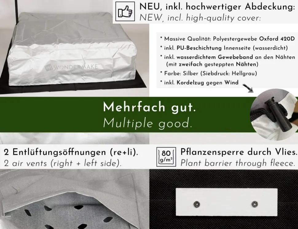 WONDERMAKE® Design Sandkasten mit Matschküche, Dach, Abdeckung OXFORD 420D, Vliesfolie, Sandkiste Holz quadratisch verschließbar Outdoor Garten für Kinder, schwarz weiß