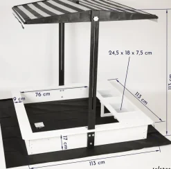 WONDERMAKE® Design Sandkasten mit Matschküche, Dach, Abdeckung OXFORD 420D, Vliesfolie, Sandkiste Holz quadratisch verschließbar Outdoor Garten für Kinder, schwarz weiß