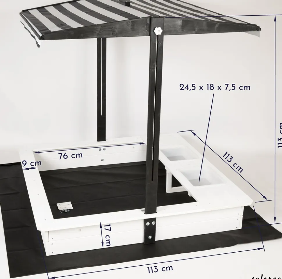 WONDERMAKE® Design Sandkasten mit Matschküche, Dach, Abdeckung OXFORD 420D, Vliesfolie, Sandkiste Holz quadratisch verschließbar Outdoor Garten für Kinder, schwarz weiß