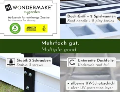 WONDERMAKE® Design Sandkasten mit Matschküche, Dach, Abdeckung OXFORD 420D, Vliesfolie, Sandkiste Holz quadratisch verschließbar Outdoor Garten für Kinder, schwarz weiß