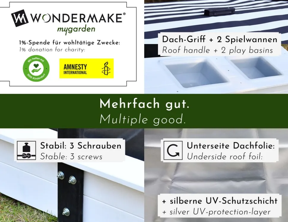 WONDERMAKE® Design Sandkasten mit Matschküche, Dach, Abdeckung OXFORD 420D, Vliesfolie, Sandkiste Holz quadratisch verschließbar Outdoor Garten für Kinder, schwarz weiß