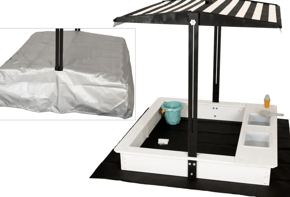 WONDERMAKE® Design Sandkasten mit Matschküche, Dach, Abdeckung OXFORD 420D, Vliesfolie, Sandkiste Holz quadratisch verschließbar Outdoor Garten für Kinder, schwarz weiß