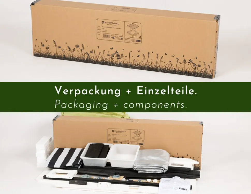 WONDERMAKE® Design Sandkasten mit Matschküche, Dach, Abdeckung OXFORD 420D, Vliesfolie, Sandkiste Holz quadratisch verschließbar Outdoor Garten für Kinder, schwarz weiß