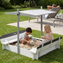 WONDERMAKE® Design Sandkasten Holz mit Dach, Abdeckung & Sitzbank, Kinder Sandkiste mit klappbarem Deckel, UV-Sonnenschutz, Sandbox quadratisch Garten Outdoor Spielplatz, 120x120 cm, weiß grau schwarz