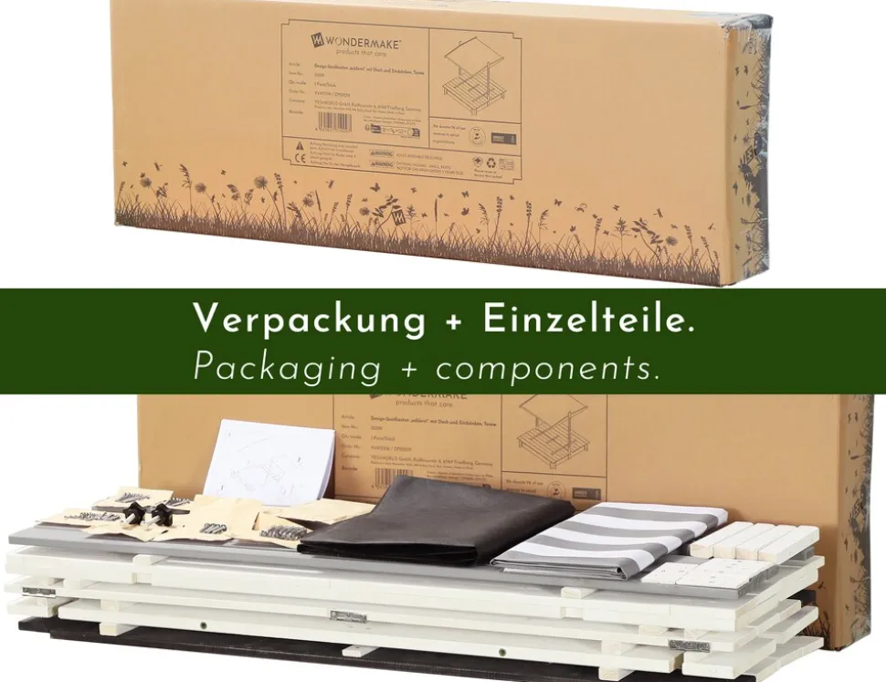 WONDERMAKE® Design Sandkasten Holz mit Dach, Abdeckung & Sitzbank, Kinder Sandkiste mit klappbarem Deckel, UV-Sonnenschutz, Sandbox quadratisch Garten Outdoor Spielplatz, 120x120 cm, weiß grau schwarz