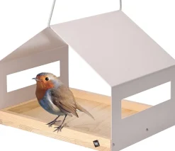 WONDERMAKE® Großes Design Vogelhaus aus Metall und Holz wetterfest zum Aufhängen, modernes Vogelfutterhaus XL Metalldach hängend, Vogelhäuschen Futterhaus für Vögel, Edelstahl Kiefer, grau-beige