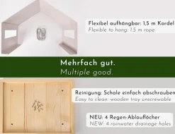 WONDERMAKE® Großes Design Vogelhaus aus Metall und Holz wetterfest zum Aufhängen, modernes Vogelfutterhaus XL Metalldach hängend, Vogelhäuschen Futterhaus für Vögel, Edelstahl Kiefer, grau-beige
