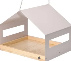 WONDERMAKE® Großes Design Vogelhaus aus Metall und Holz wetterfest zum Aufhängen, modernes Vogelfutterhaus XL Metalldach hängend, Vogelhäuschen Futterhaus für Vögel, Edelstahl Kiefer, grau-beige