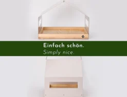 WONDERMAKE® Großes Design Vogelhaus aus Metall und Holz wetterfest zum Aufhängen, modernes Vogelfutterhaus XL Metalldach hängend, Vogelhäuschen Futterhaus für Vögel, Edelstahl Kiefer, grau-beige