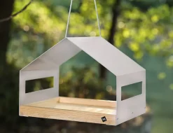 WONDERMAKE® Großes Design Vogelhaus aus Metall und Holz wetterfest zum Aufhängen, modernes Vogelfutterhaus XL Metalldach hängend, Vogelhäuschen Futterhaus für Vögel, Edelstahl Kiefer, grau-beige