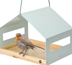 WONDERMAKE® Großes Design Vogelhaus aus Metall und Holz wetterfest zum Aufhängen, modernes Vogelfutterhaus XL Metalldach hängend, Vogelhäuschen Futterhaus für Vögel, Edelstahl Kiefer, türkis-grau mint