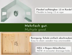 WONDERMAKE® Großes Design Vogelhaus aus Metall und Holz wetterfest zum Aufhängen, modernes Vogelfutterhaus XL Metalldach hängend, Vogelhäuschen Futterhaus für Vögel, Edelstahl Kiefer, türkis-grau mint