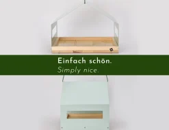 WONDERMAKE® Großes Design Vogelhaus aus Metall und Holz wetterfest zum Aufhängen, modernes Vogelfutterhaus XL Metalldach hängend, Vogelhäuschen Futterhaus für Vögel, Edelstahl Kiefer, türkis-grau mint