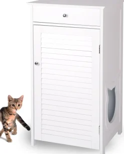 WONDERMAKE® Katzenschrank für Katzentoilette groß hoch aus Holz, Katzenklo-Schrank Kommode mit Schublade und Tür geschlossen, Design Katzen-Haus Toilette Klo XL, 51 x 46 x 96 cm, weiß