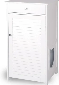WONDERMAKE® Katzenschrank für Katzentoilette groß hoch aus Holz, Katzenklo-Schrank Kommode mit Schublade und Tür geschlossen, Design Katzen-Haus Toilette Klo XL, 51 x 46 x 96 cm, weiß