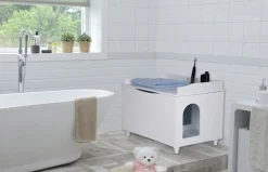 WONDERMAKE® Katzenschrank für Katzentoilette groß aus Holz, Katzenklo-Schrank Kommode XL, Design Katzen-Haus Toilette Klo Waschbecken-Unterschrank für Bad, 73,5 x 51,5 x 57 cm, weiß