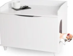 WONDERMAKE® Katzenschrank für Katzentoilette groß aus Holz, Katzenklo-Schrank Kommode XL, Design Katzen-Haus Toilette Klo Waschbecken-Unterschrank für Bad, 73,5 x 51,5 x 57 cm, weiß