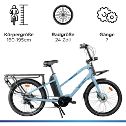 Zündapp Longtail M400 E Bike Lastenrad bis 180 kg 24 Zoll Elektrofahrrad 160-195 cm Mittelmotor Cargo Elektro Fahrrad 7 Gänge Pedelec