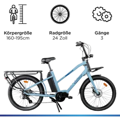 Zündapp Longtail M400 E Bike Lastenrad bis 180 kg 24 Zoll Elektrofahrrad 160-195 cm Mittelmotor Cargo Elektro Fahrrad 7 Gänge Pedelec
