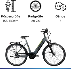 Zündapp X600 E Bike Damenfahrrad 155 - 180 cm Stadtrad Pedelec 7 Gang Shimano Schaltung Cityrad mit Bosch Mittelmotor Hollandrad