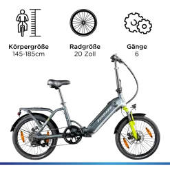 Zündapp ZT20R Ebike Klapprad für Erwachsene 145 - 185 cm Pedelec für Damen und Herren 20 Zoll mit 6 Gängen Elektro Bike Faltrad