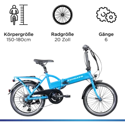 Zündapp Z101 20 Zoll Elektro Klapprad für Erwachsene 150 - 180 cm 6 Gang E Klappfahrrad E Bike Faltrad Pedelec StVZO