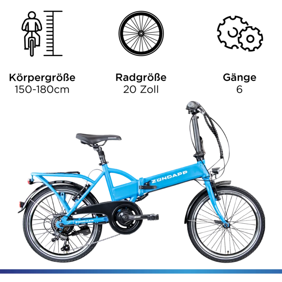 Zündapp Z101 20 Zoll Elektro Klapprad für Erwachsene 150 - 180 cm 6 Gang E Klappfahrrad E Bike Faltrad Pedelec StVZO