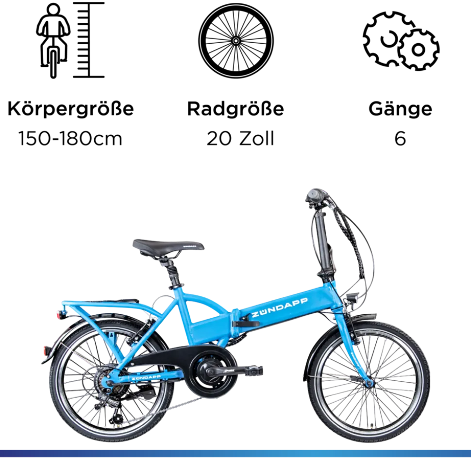 Zündapp Z101 20 Zoll Elektro Klapprad für Erwachsene 150 - 180 cm 6 Gang E Klappfahrrad E Bike Faltrad Pedelec StVZO